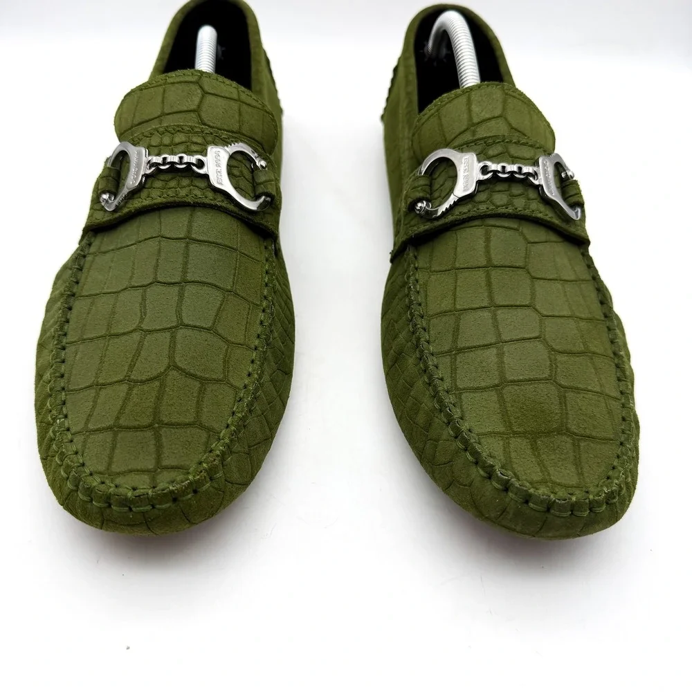 Jimmy Choo Croc Embossed Suede Driving Loafers Green Silver Hardware Size 46